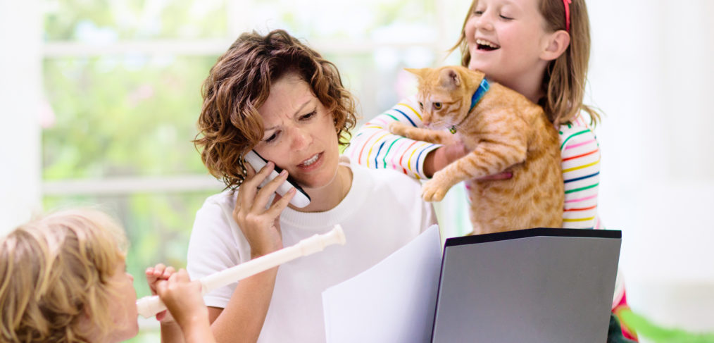 Mutter Überforderung Handy Laptop Kinder Katze Spielen